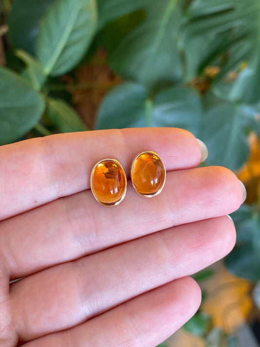 Vintage Solid 14k Yellow Gold Citrine Cabochon Stud Earrings