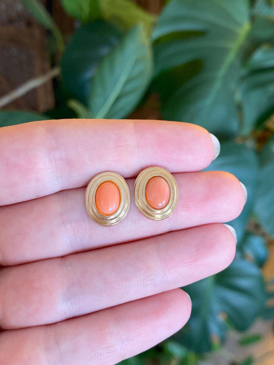 Vintage Solid 14k Yellow Gold Coral Stud Earrings