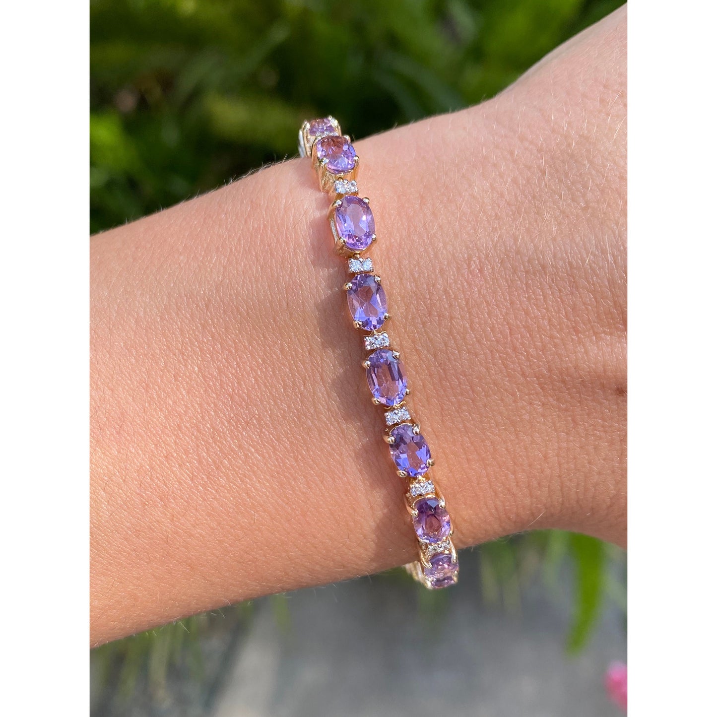 Vintage Solid 14k Yellow Gold Amethyst Clear Cubic Zirconia Tennis Bracelet - 7 inches