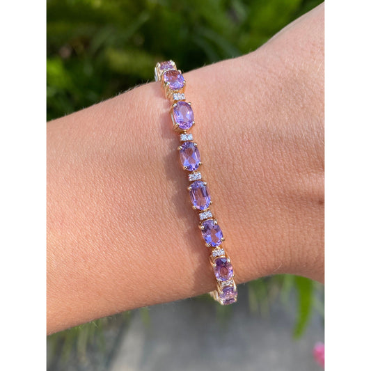 Vintage Solid 14k Yellow Gold Amethyst Clear Cubic Zirconia Tennis Bracelet - 7 inches