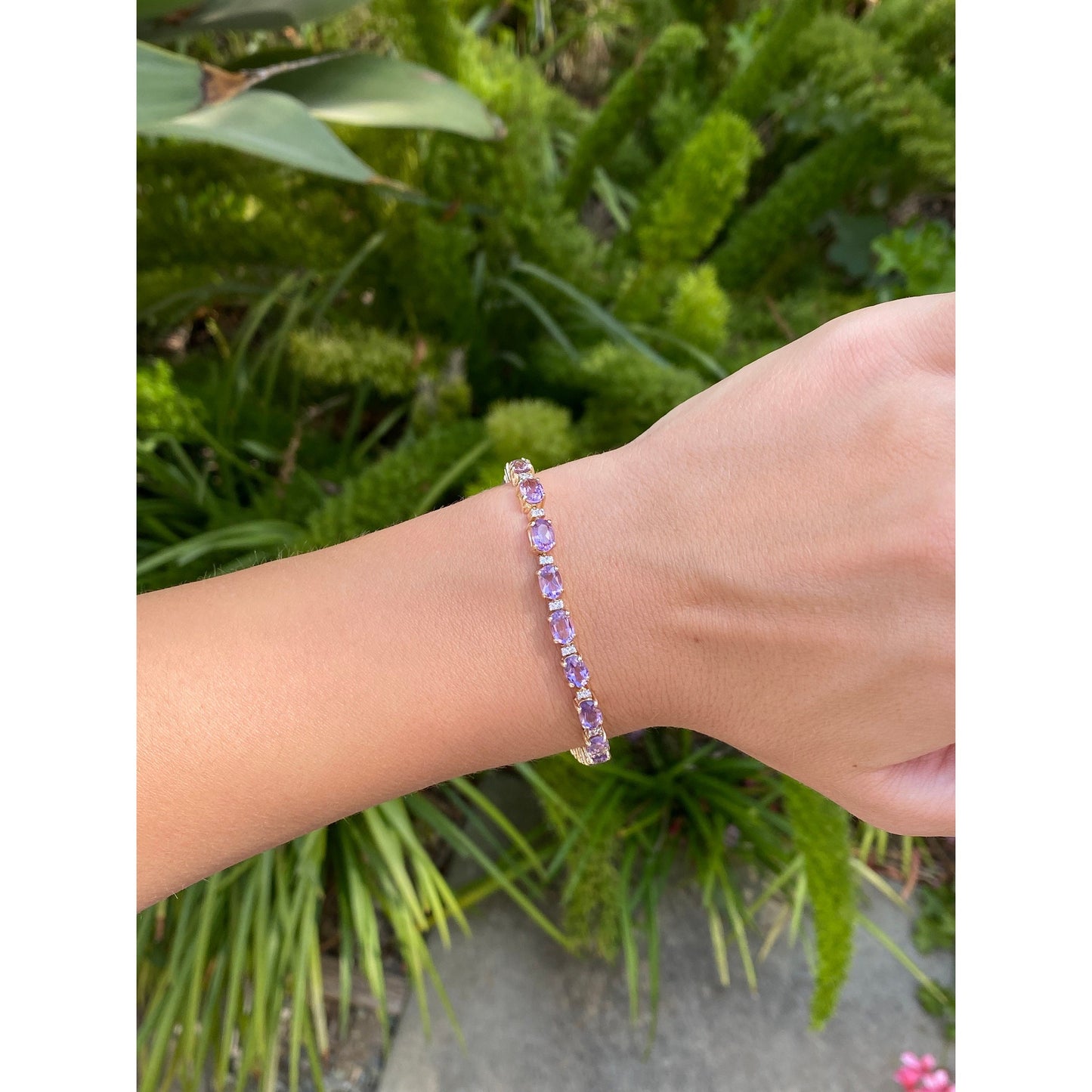 Vintage Solid 14k Yellow Gold Amethyst Clear Cubic Zirconia Tennis Bracelet - 7 inches