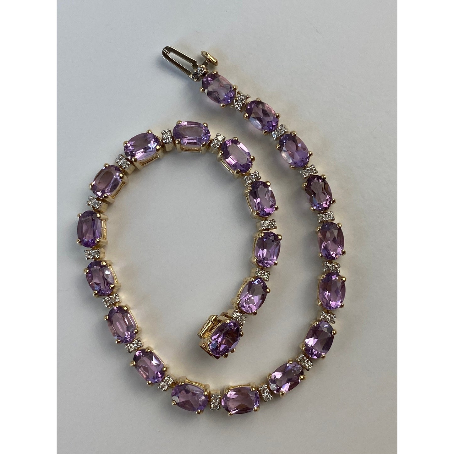 Vintage Solid 14k Yellow Gold Amethyst Clear Cubic Zirconia Tennis Bracelet - 7 inches