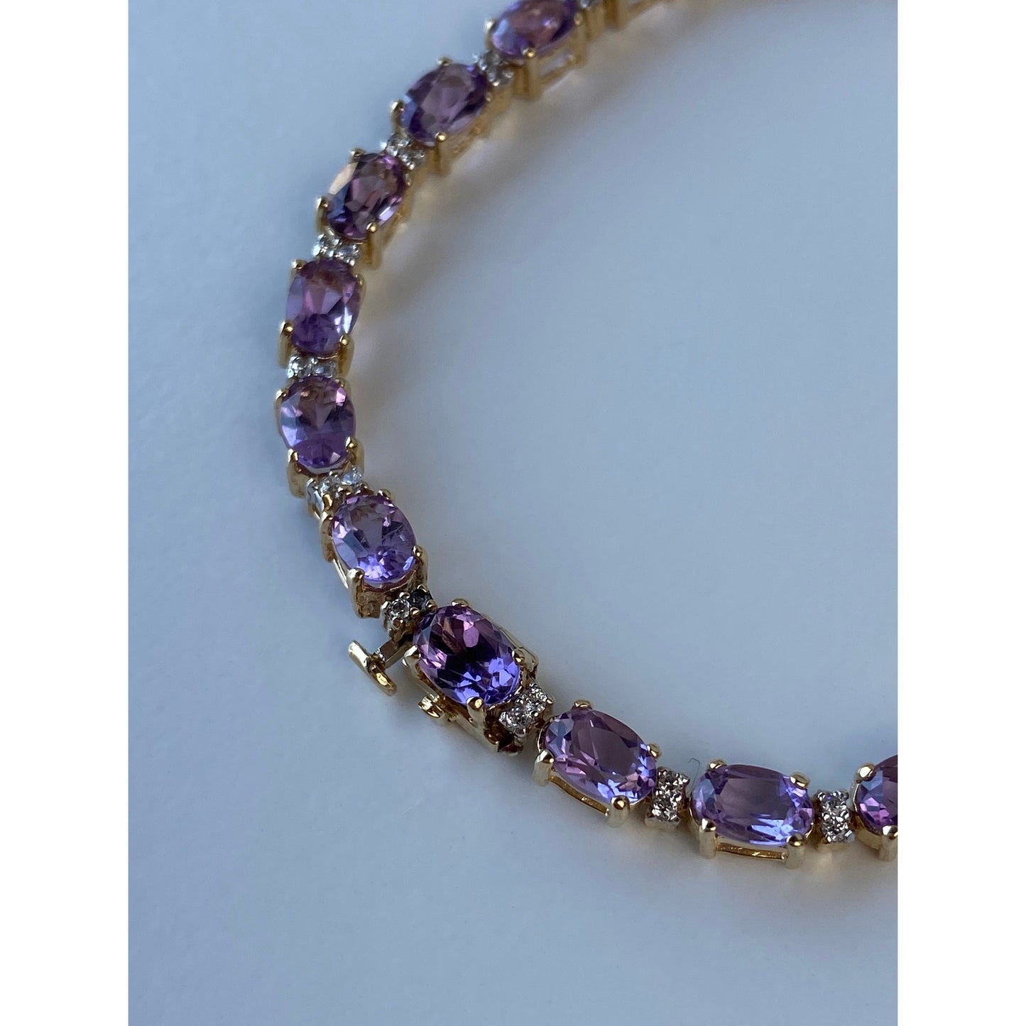 Vintage Solid 14k Yellow Gold Amethyst Clear Cubic Zirconia Tennis Bracelet - 7 inches