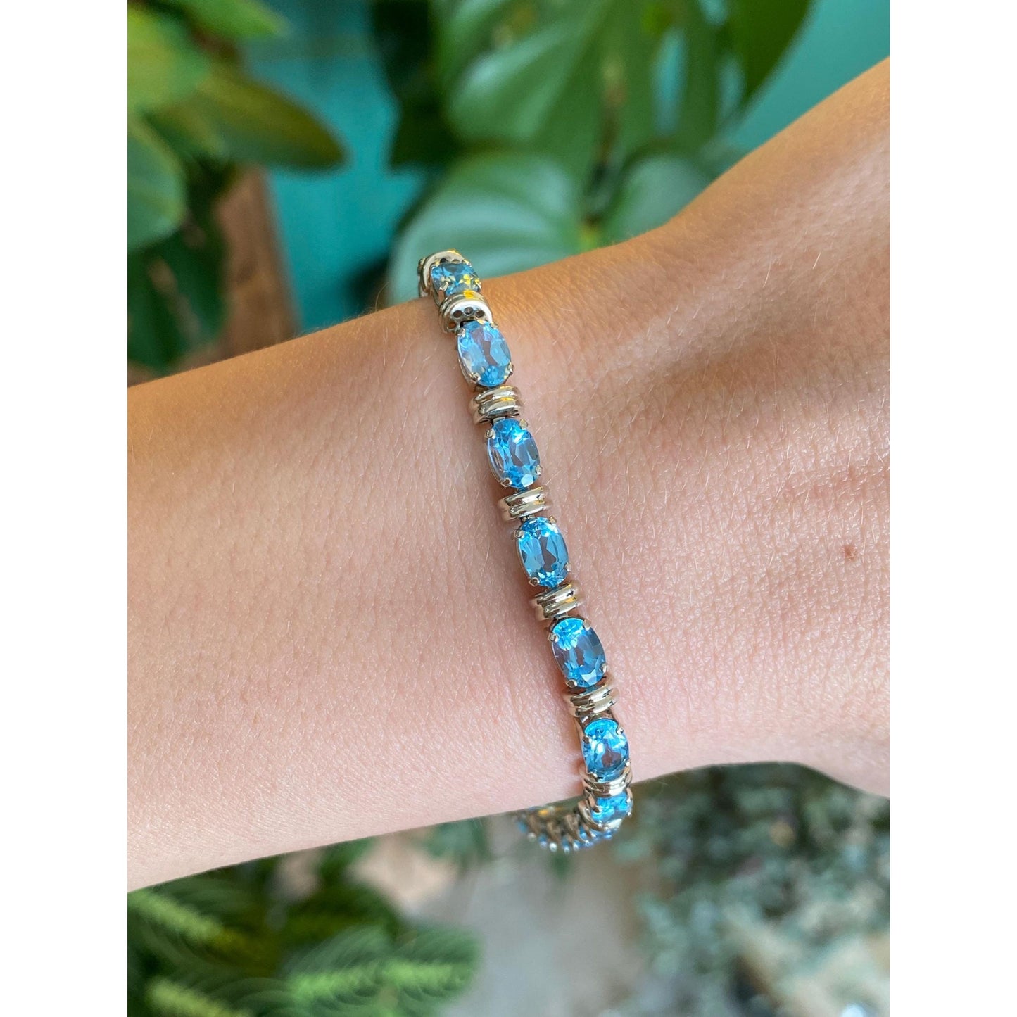 Solid 14k White Gold Topaz Link Bracelet - 7.5 inches