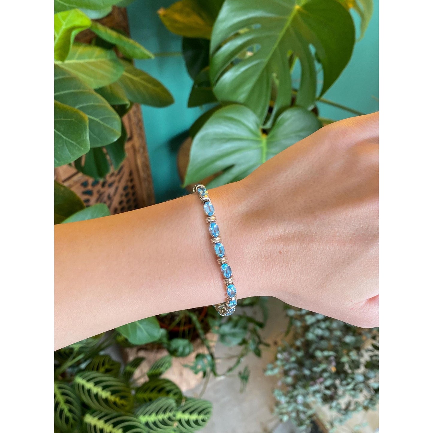 Solid 14k White Gold Topaz Link Bracelet - 7.5 inches