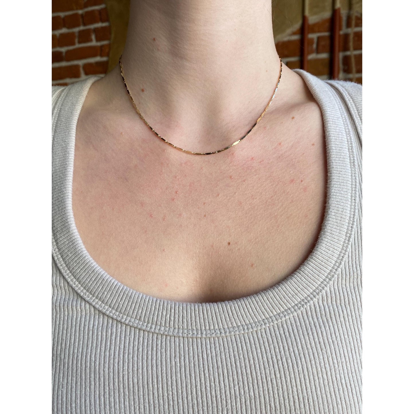 Vintage Solid 14k Yellow Gold Flat Bar Link Chain Necklace - 16 inches