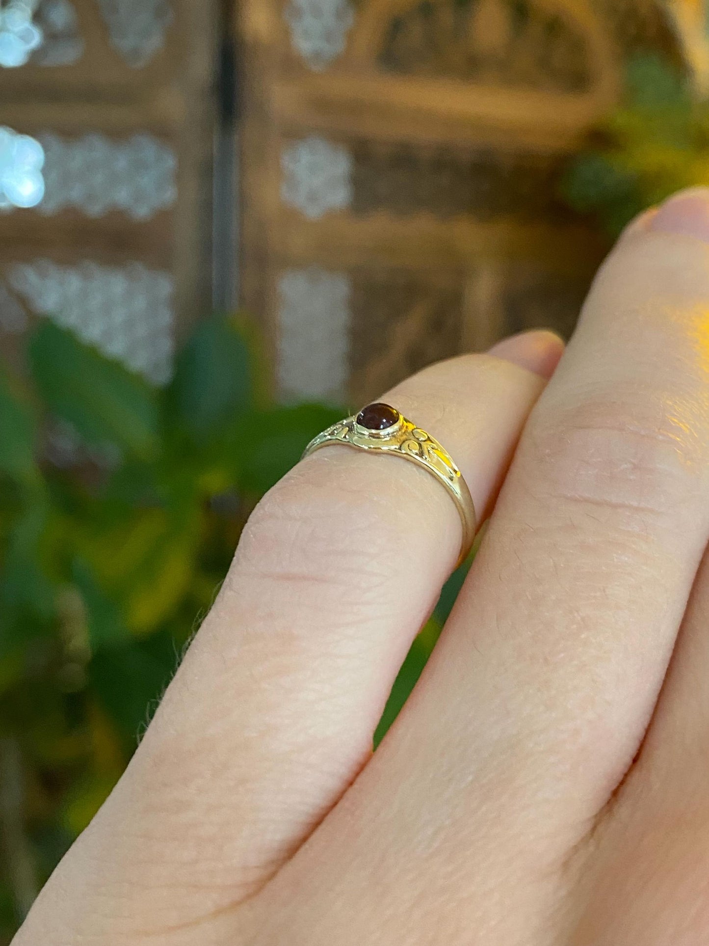 Vintage Solid 14k Yellow Gold Red Stone Design Baby Ring Band - Size 2