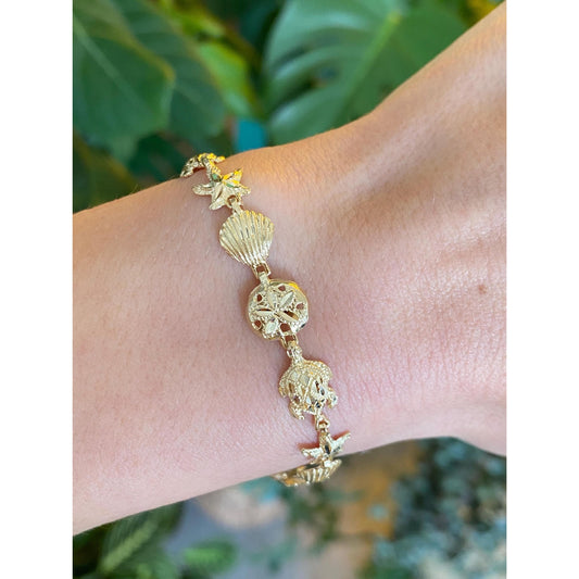 Solid 14k Yellow Gold Diamond Cut Mermaid Sea Life Link Bracelet - 7 inches