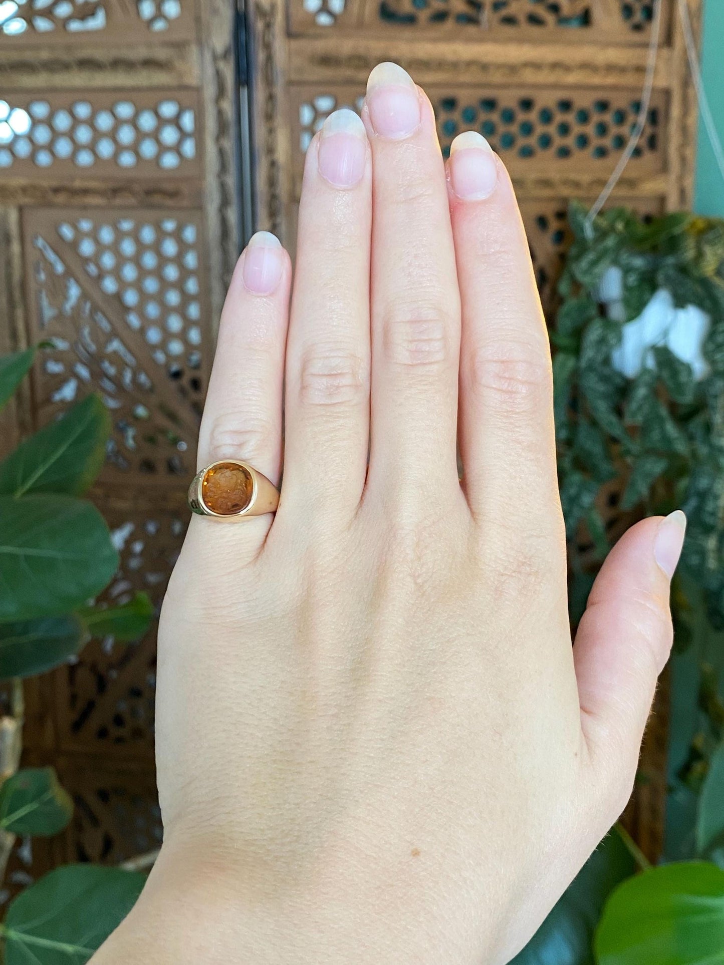 Vintage Solid 14k Yellow Gold Carved Citrine Intaglio Signet Ring - Size 4.5