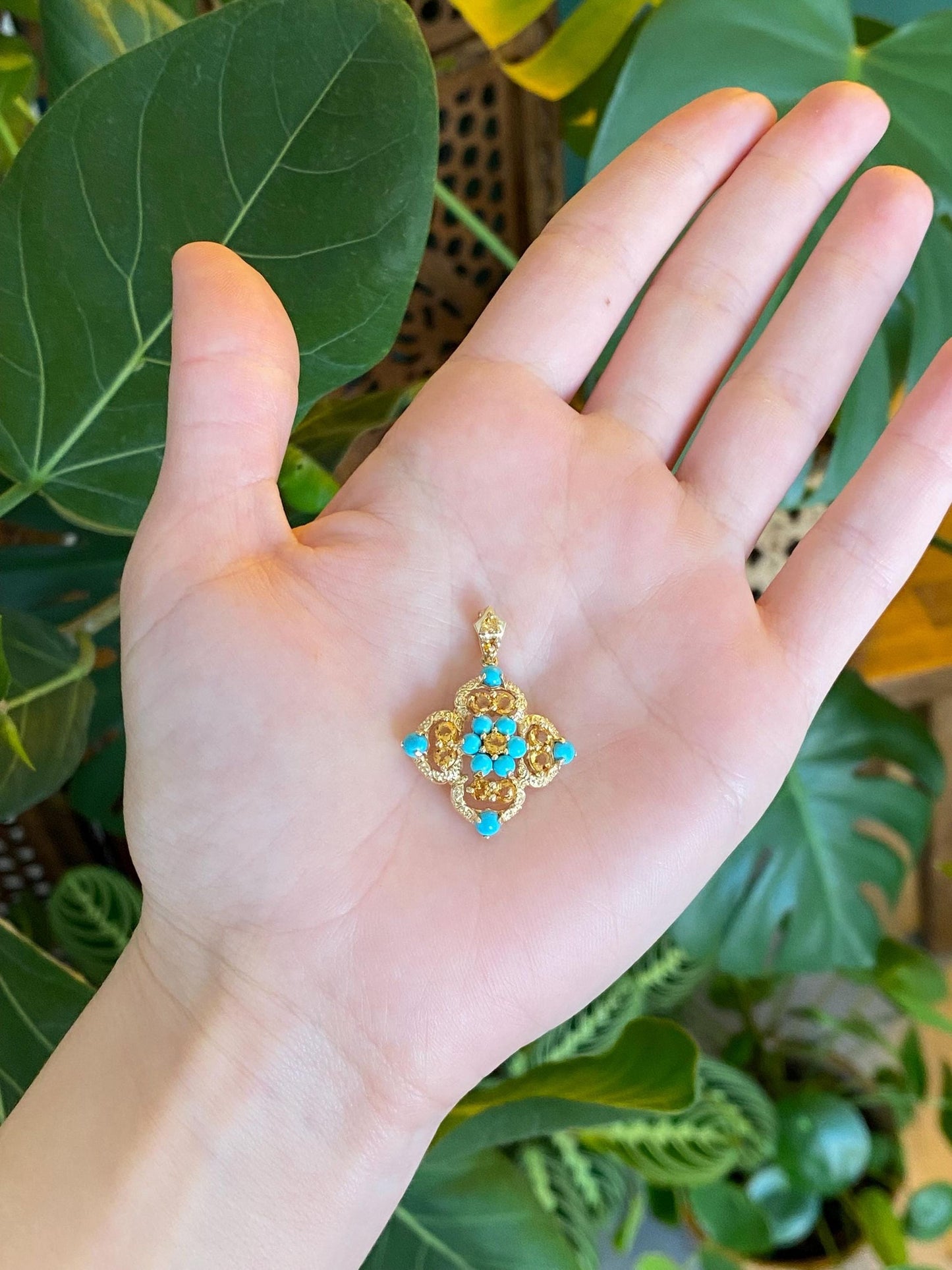 Vintage Solid 14k Yellow Gold Turquoise Citrine Charm