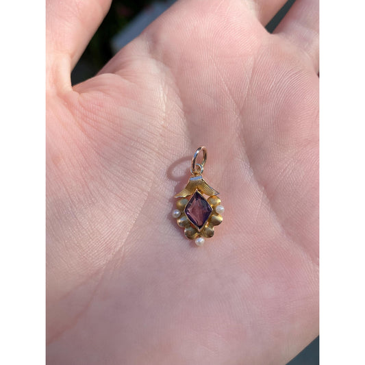 Vintage Solid 14k Yellow Gold Purple Cubic Zirconia Seed Pearl Stick Pin Conversion Charm