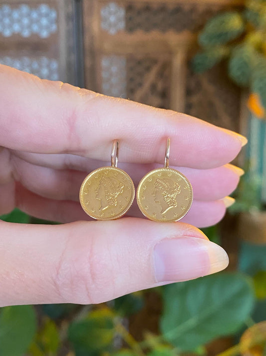 Vintage Solid 21k & 10k Posts Yellow Gold Coin Drop Earrings
