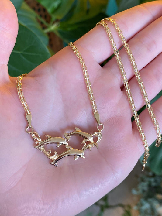Vintage Solid 14k Yellow Gold Dolphins Swimming Bismark Chain Necklace - 18 inches