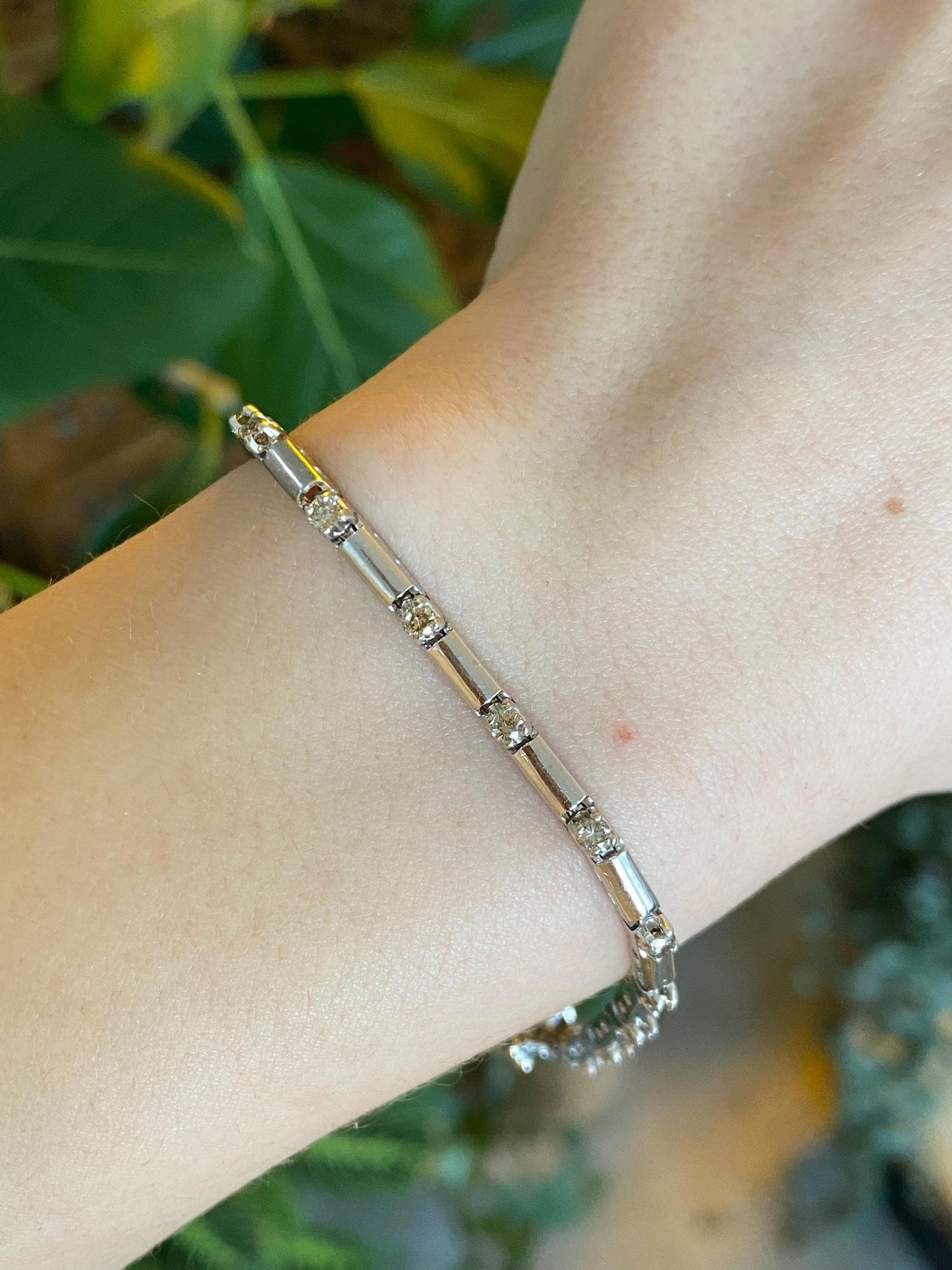 Vintage Solid 14k White Gold Champagne Diamond Link Bracelet - 7.5 inches