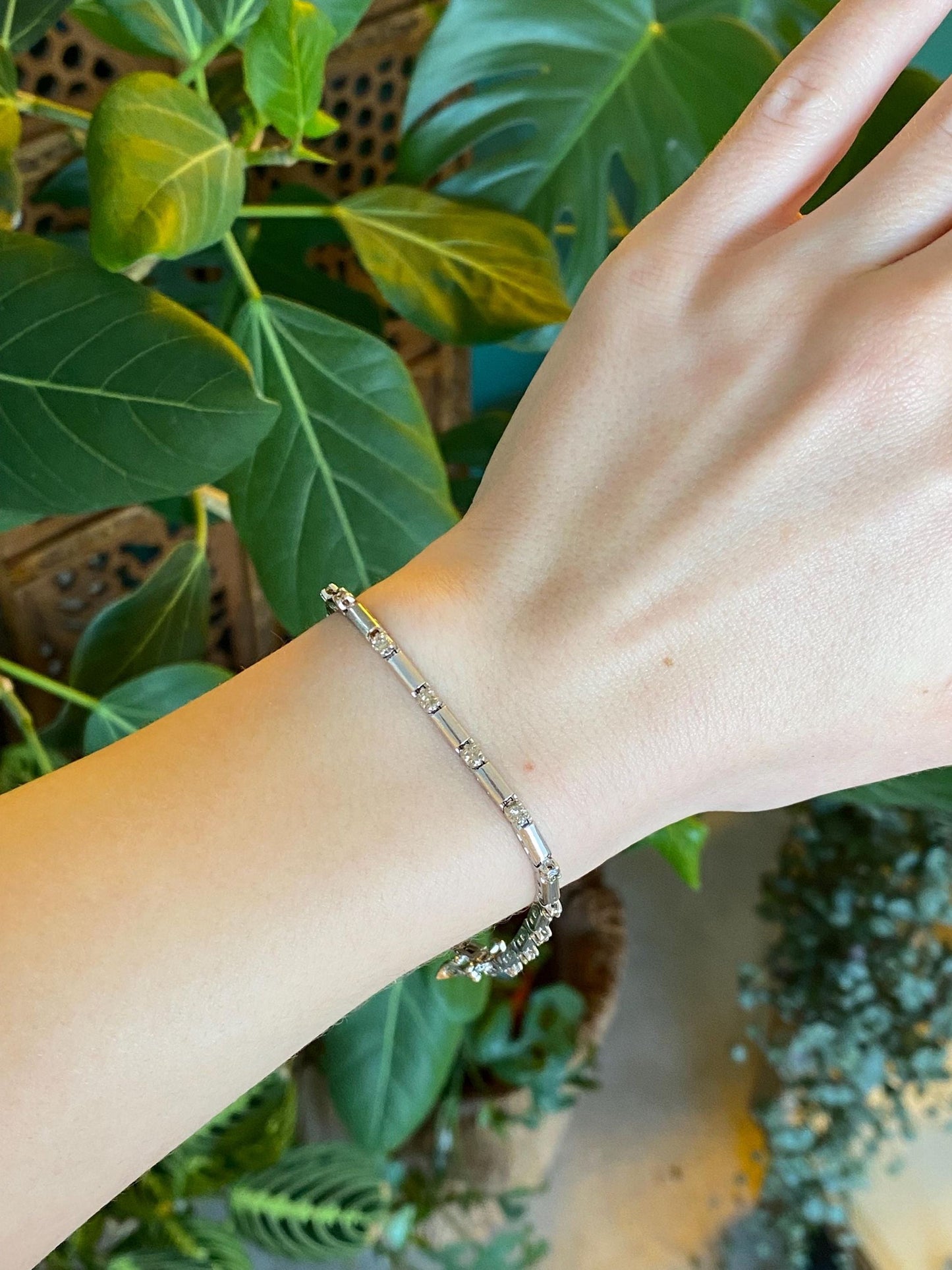 Vintage Solid 14k White Gold Champagne Diamond Link Bracelet - 7.5 inches