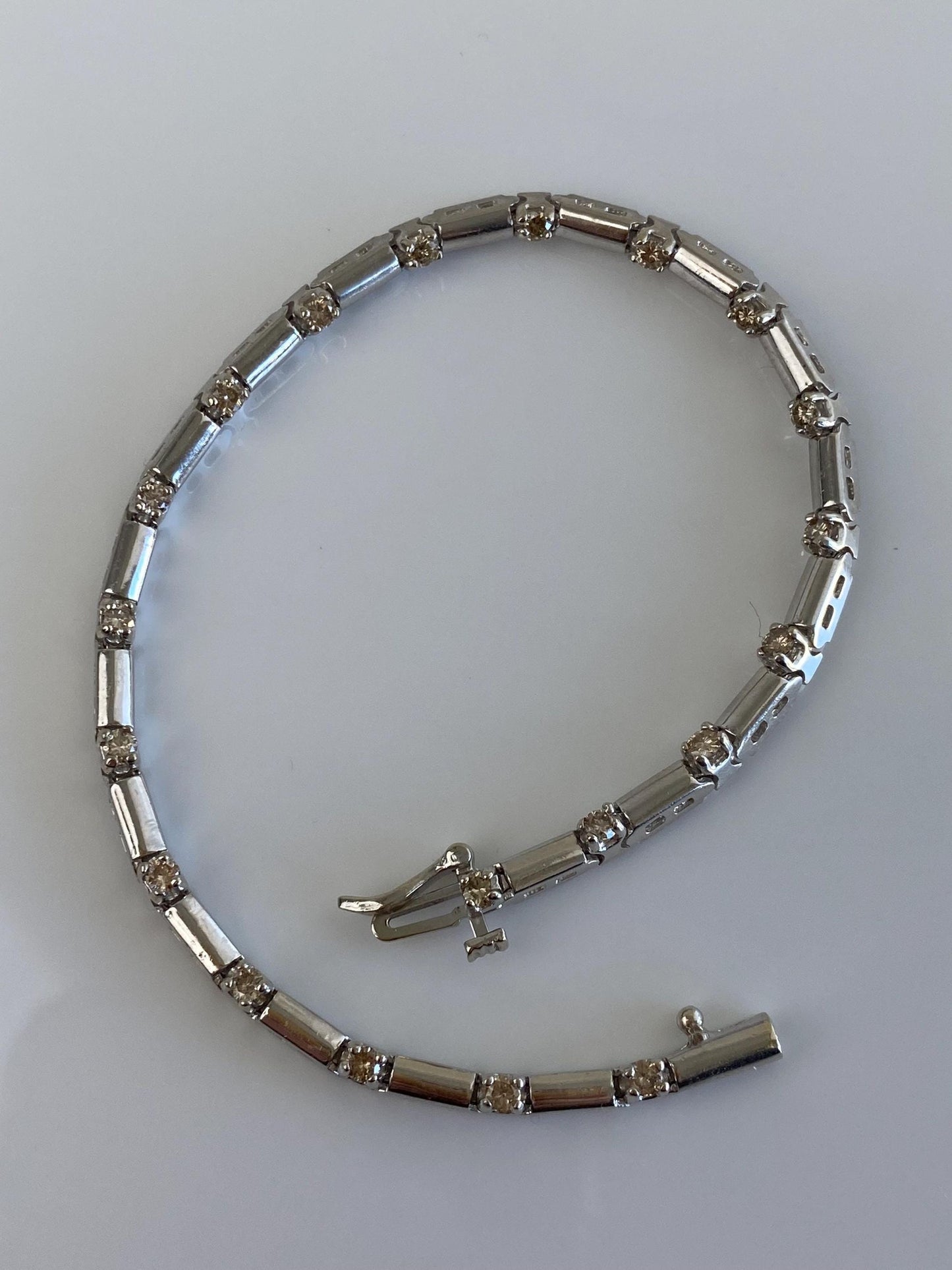 Vintage Solid 14k White Gold Champagne Diamond Link Bracelet - 7.5 inches