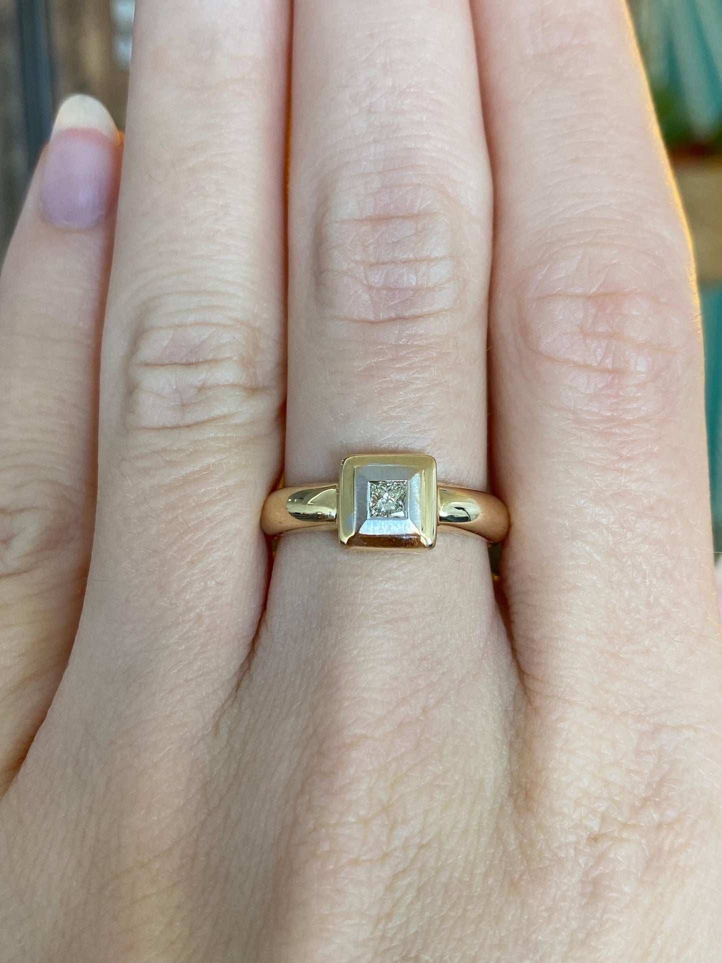 Vintage Solid 18k White & Yellow Gold Diamond Square Ring - Size 6.75