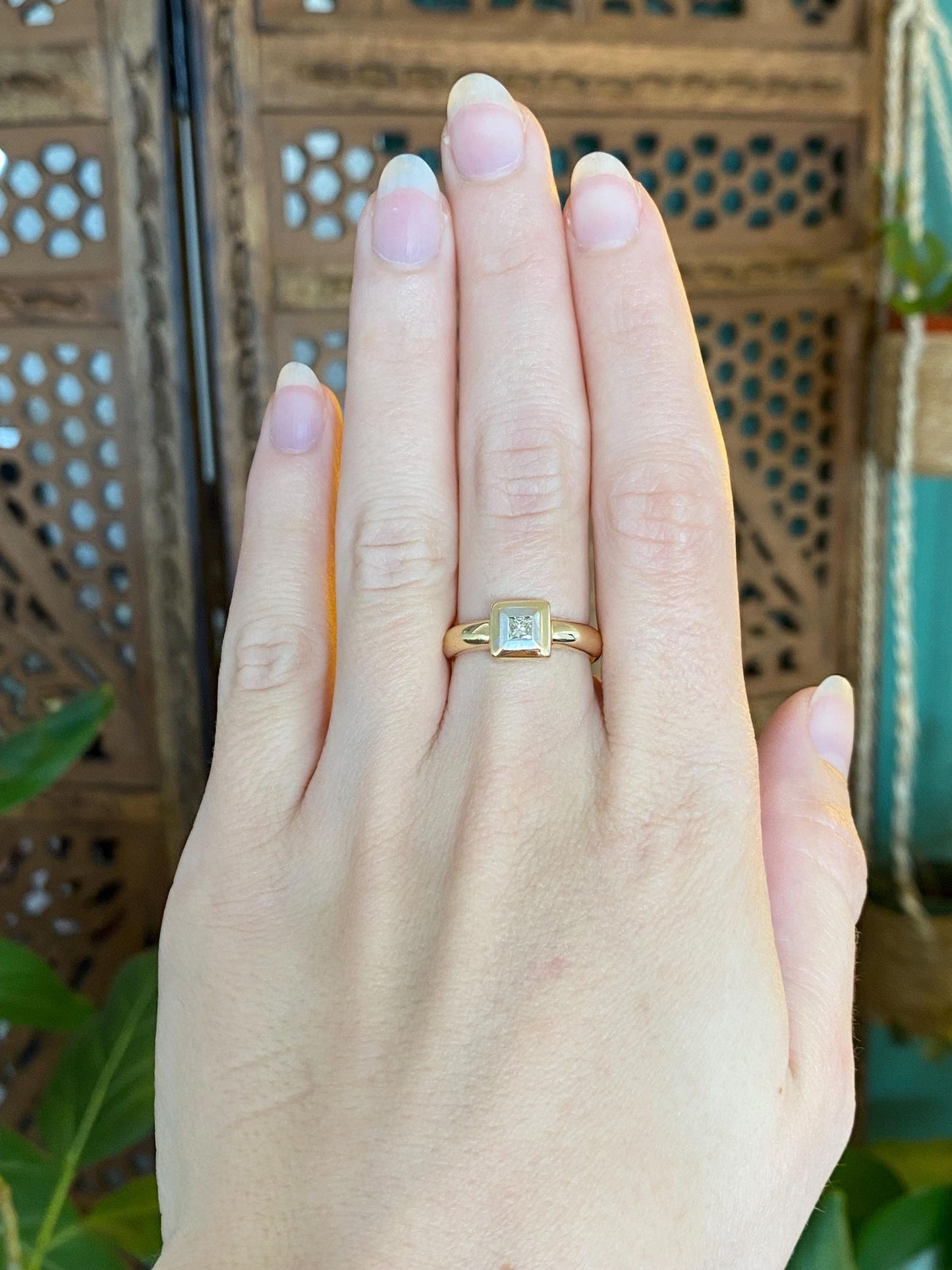 Vintage Solid 18k White & Yellow Gold Diamond Square Ring - Size 6.75