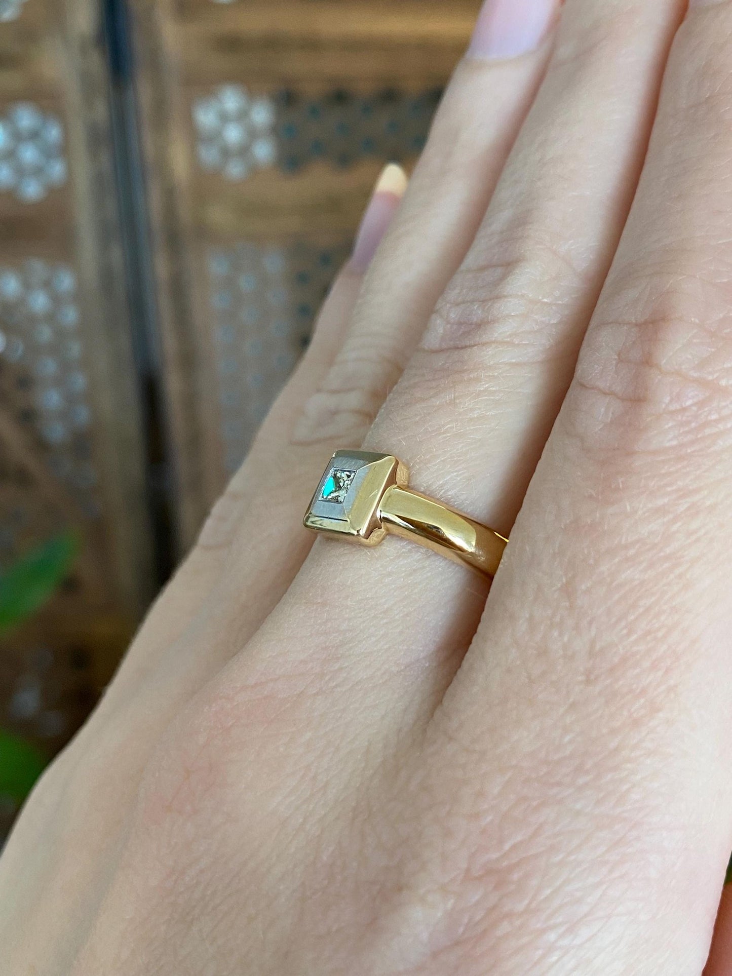 Vintage Solid 18k White & Yellow Gold Diamond Square Ring - Size 6.75