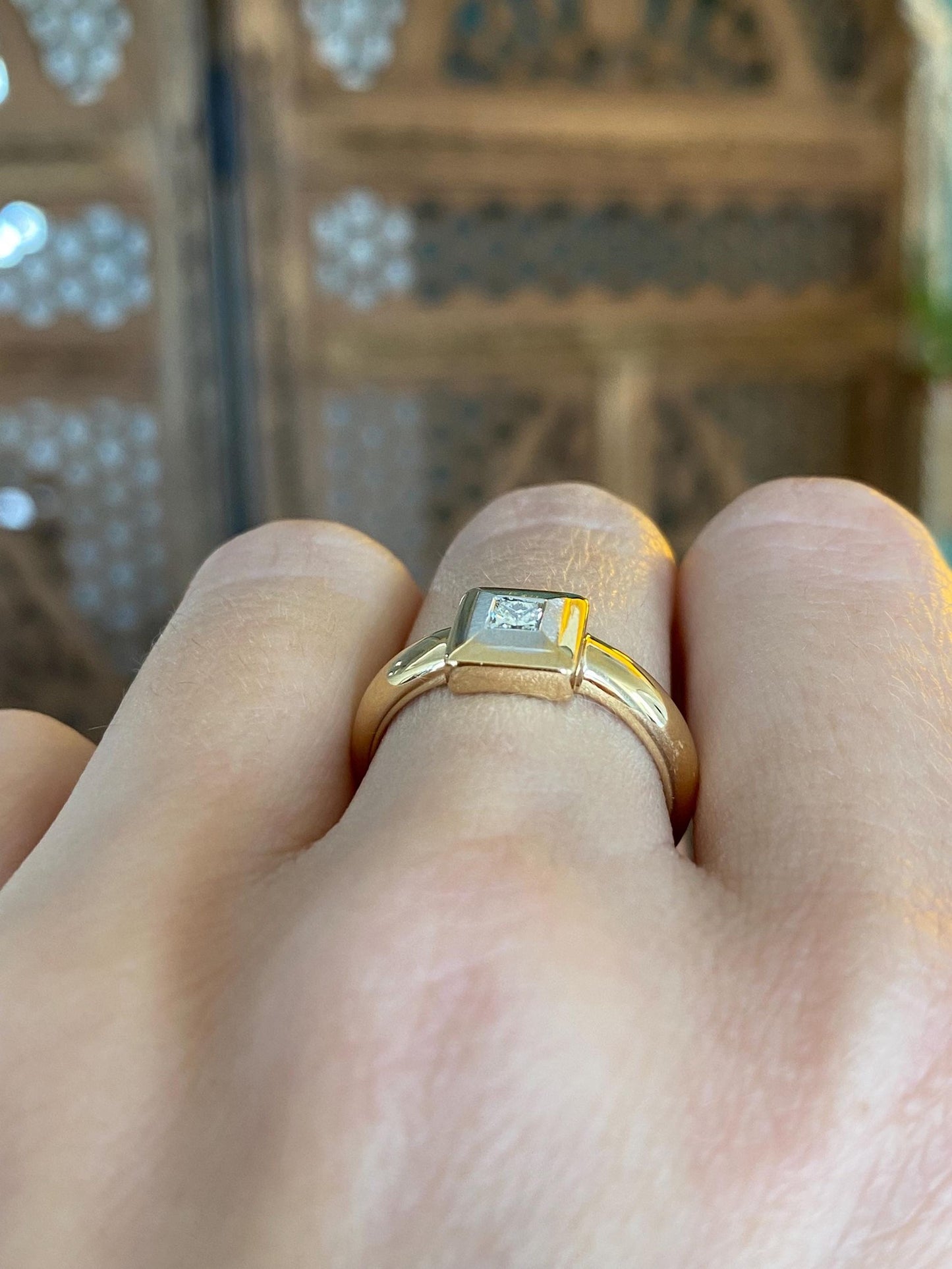 Vintage Solid 18k White & Yellow Gold Diamond Square Ring - Size 6.75
