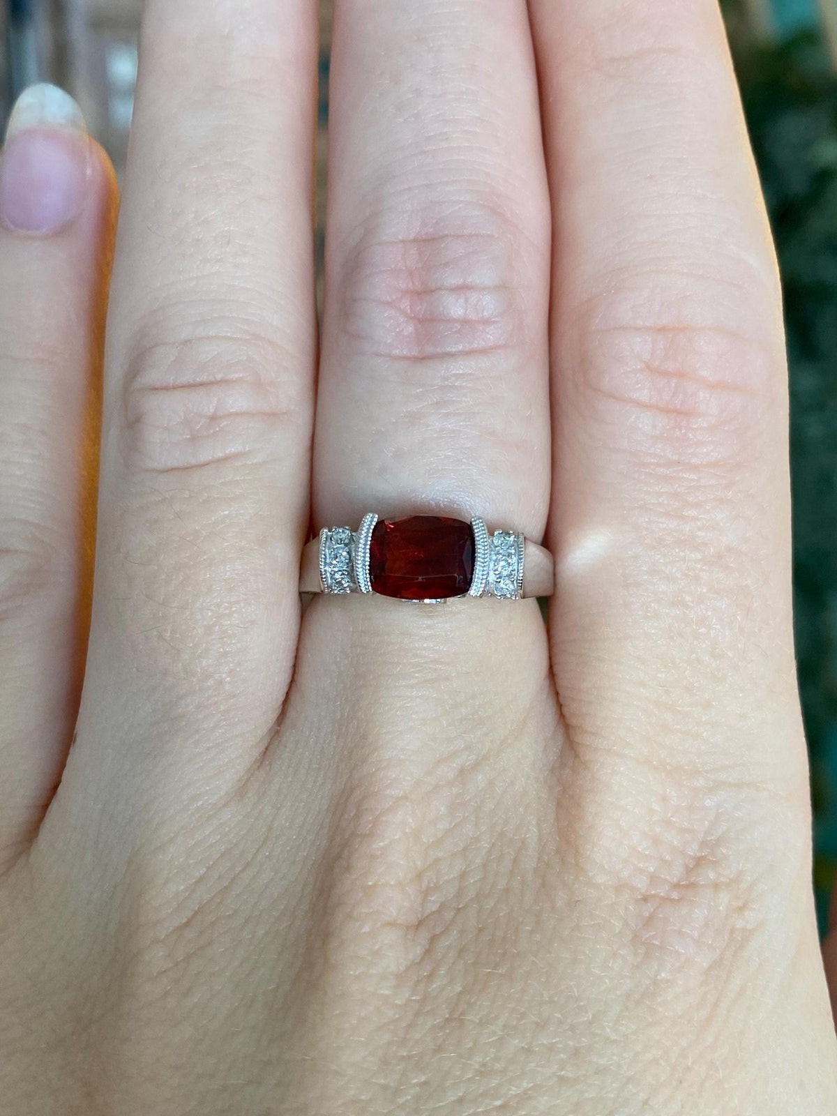 Vintage Solid 14k White Gold Garnet Citrine Diamonds Ring - Size 6.25