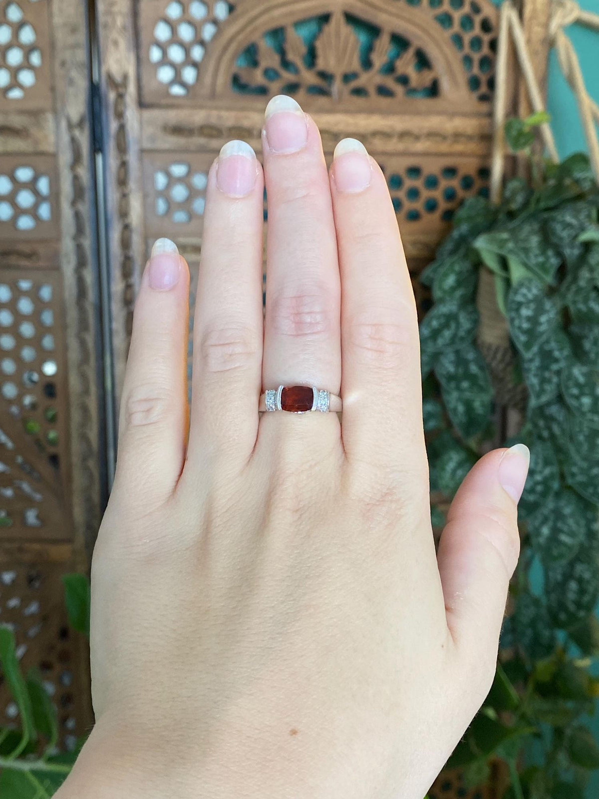 Vintage Solid 14k White Gold Garnet Citrine Diamonds Ring - Size 6.25
