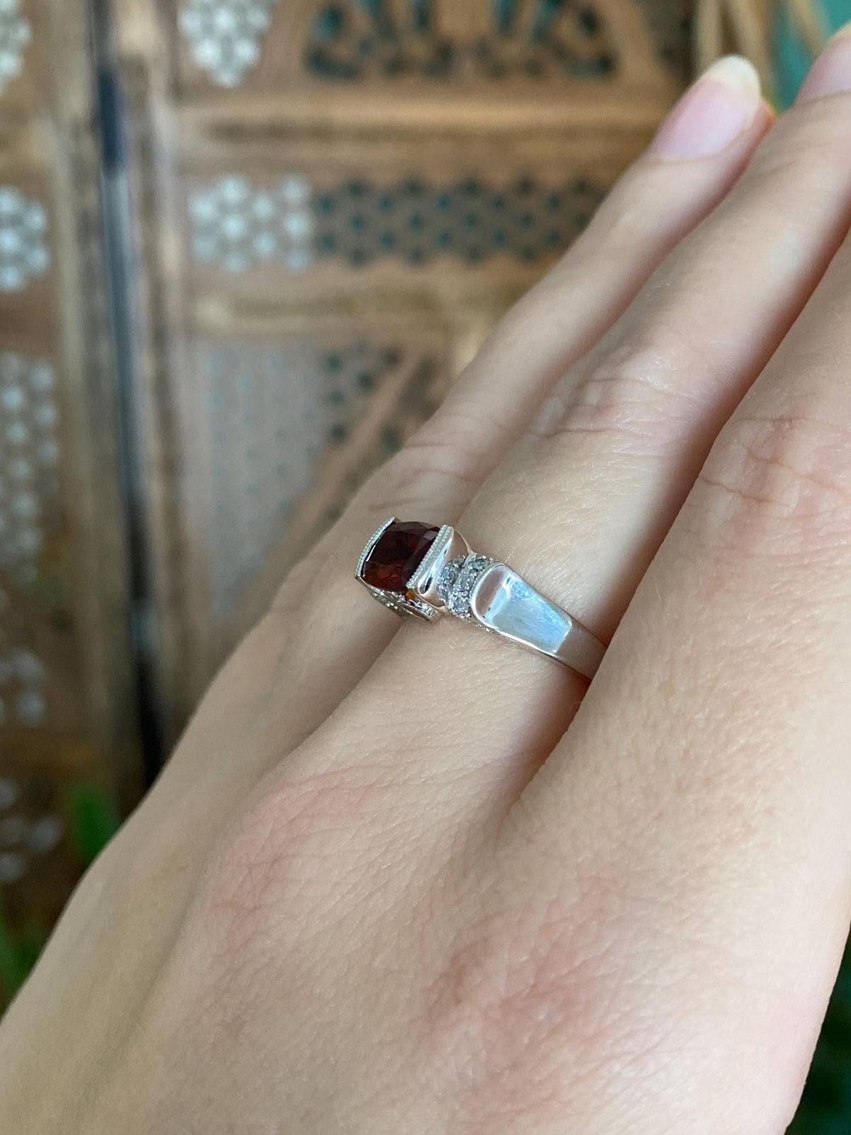 Vintage Solid 14k White Gold Garnet Citrine Diamonds Ring - Size 6.25