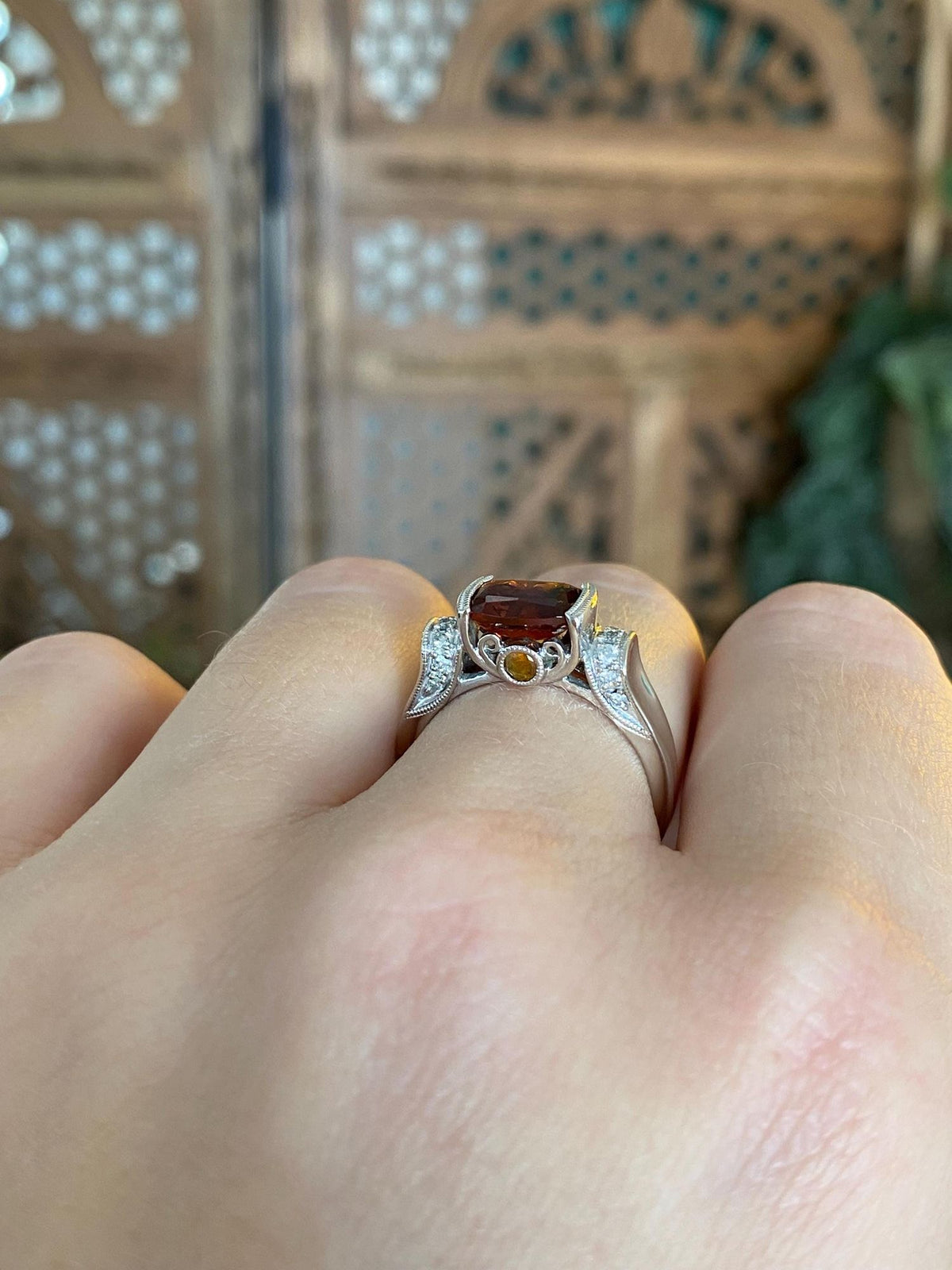 Vintage Solid 14k White Gold Garnet Citrine Diamonds Ring - Size 6.25