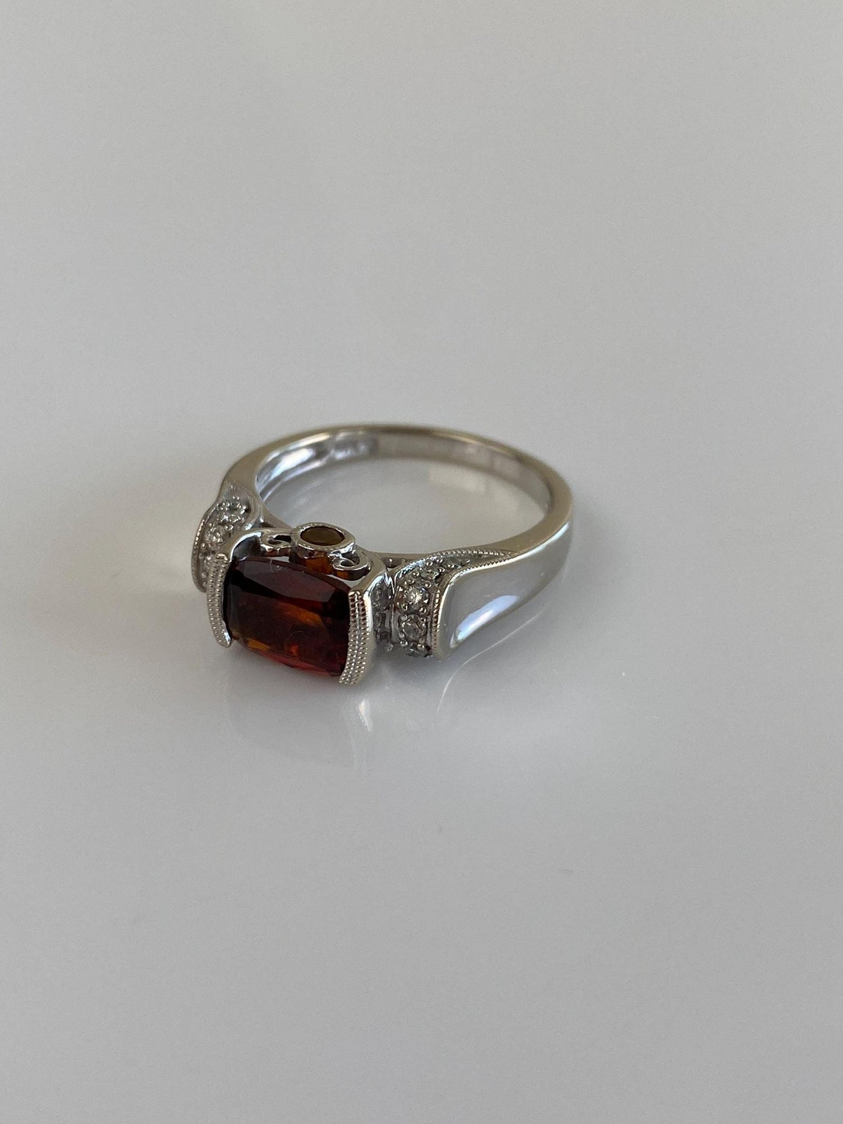Vintage Solid 14k White Gold Garnet Citrine Diamonds Ring - Size 6.25