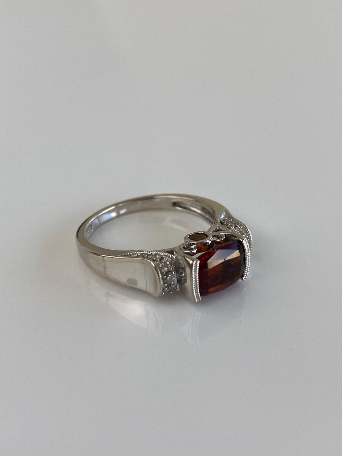 Vintage Solid 14k White Gold Garnet Citrine Diamonds Ring - Size 6.25