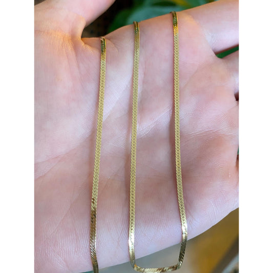 Vintage Solid 14k Yellow Gold Slim Herringbone Chain Necklace - 18 inches