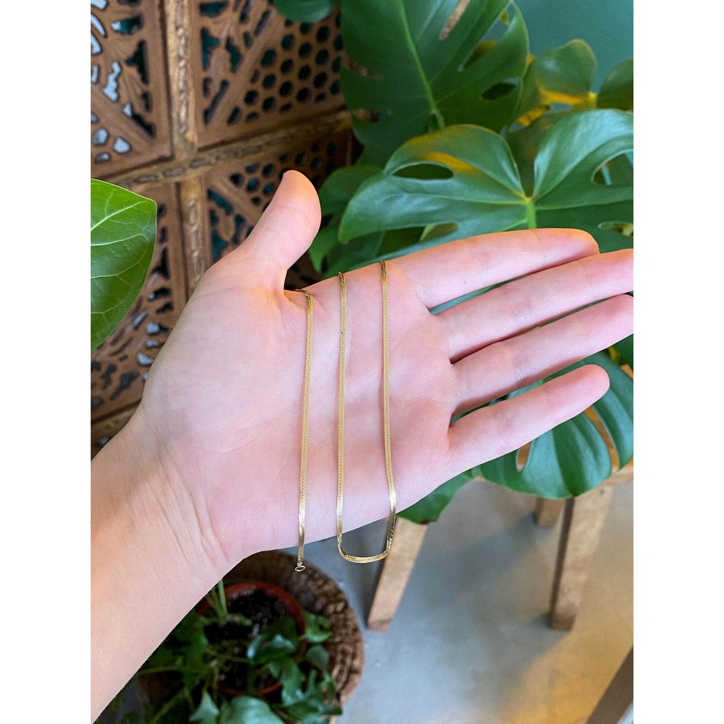 Vintage Solid 14k Yellow Gold Slim Herringbone Chain Necklace - 18 inches