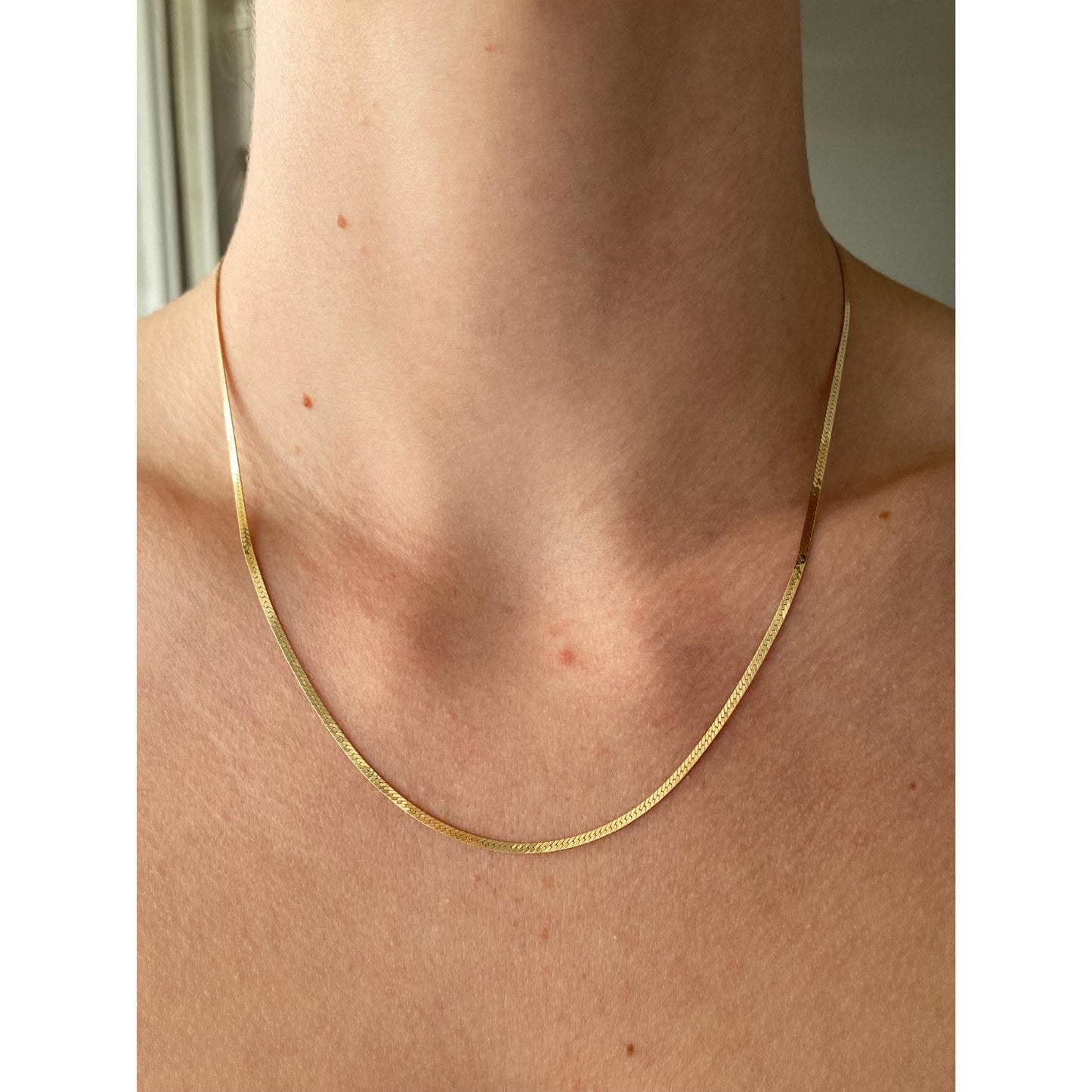 Vintage Solid 14k Yellow Gold Slim Herringbone Chain Necklace - 18 inches