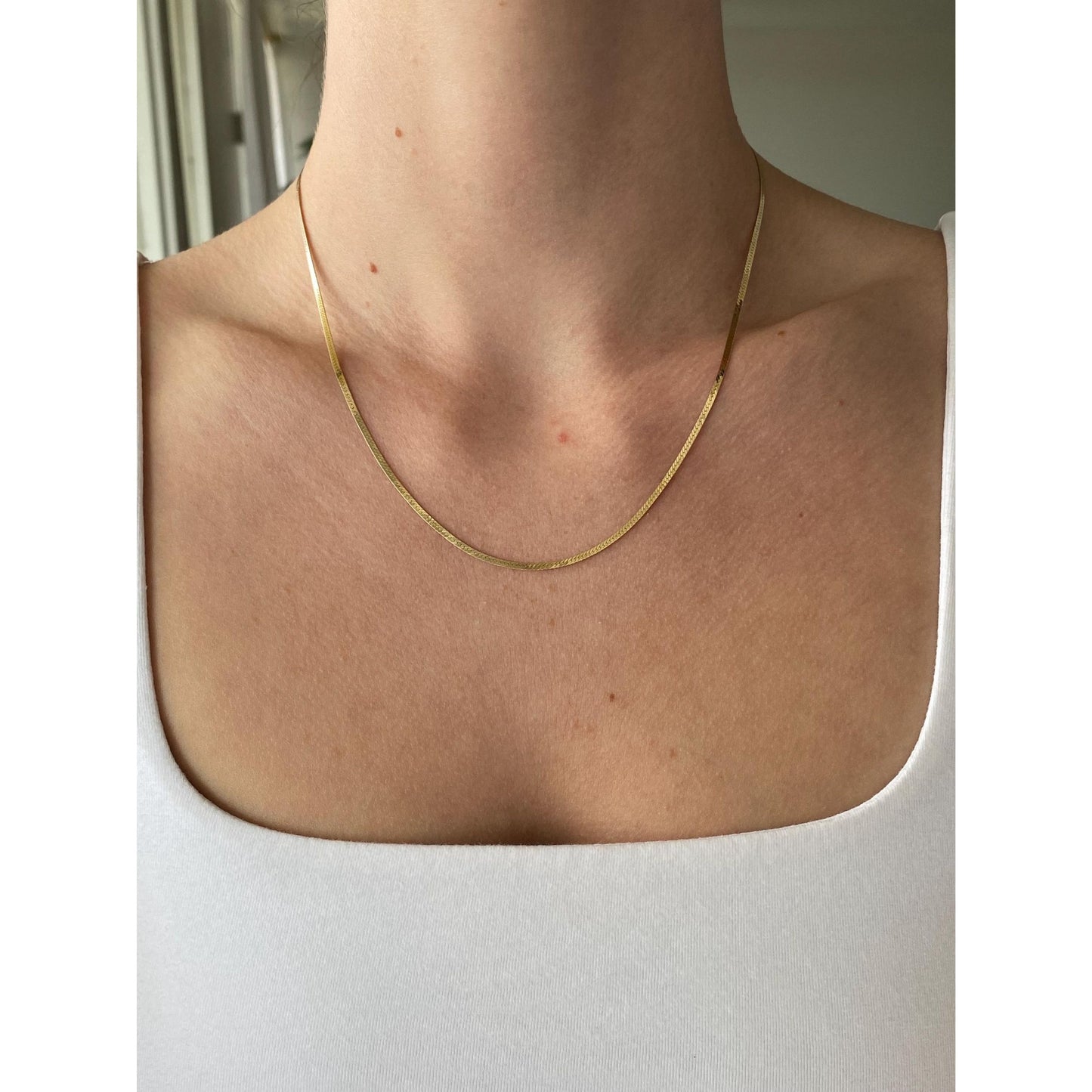 Vintage Solid 14k Yellow Gold Slim Herringbone Chain Necklace - 18 inches