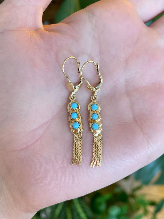 Vintage Solid 14k Yellow Gold Turquoise Row Serpentine Chain Fringe Dangle Earrings