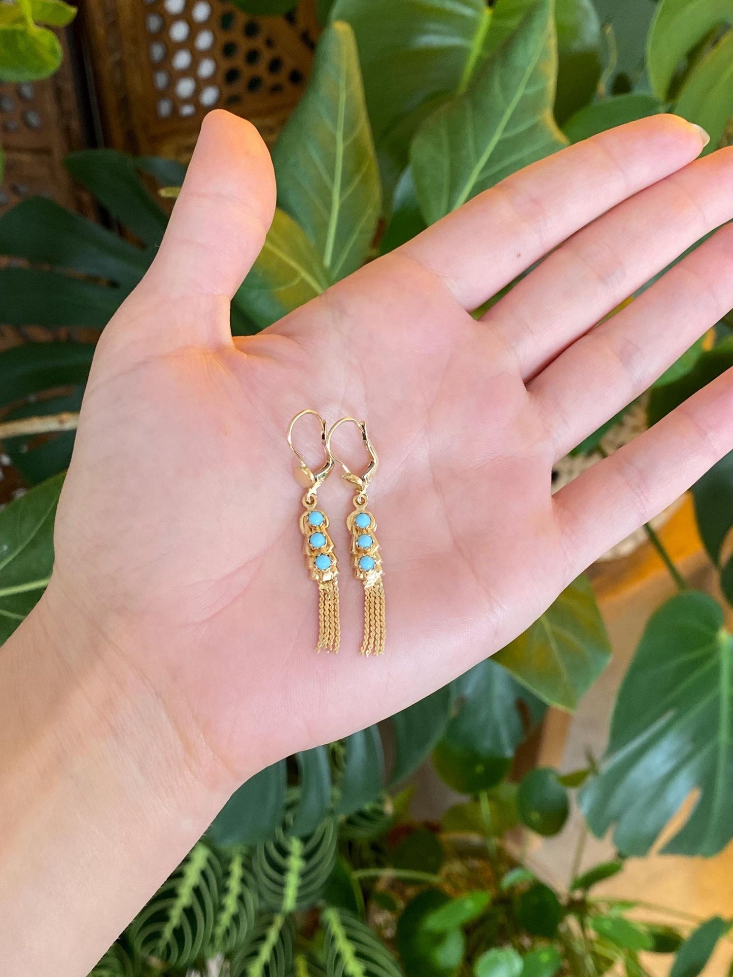 Vintage Solid 14k Yellow Gold Turquoise Row Serpentine Chain Fringe Dangle Earrings