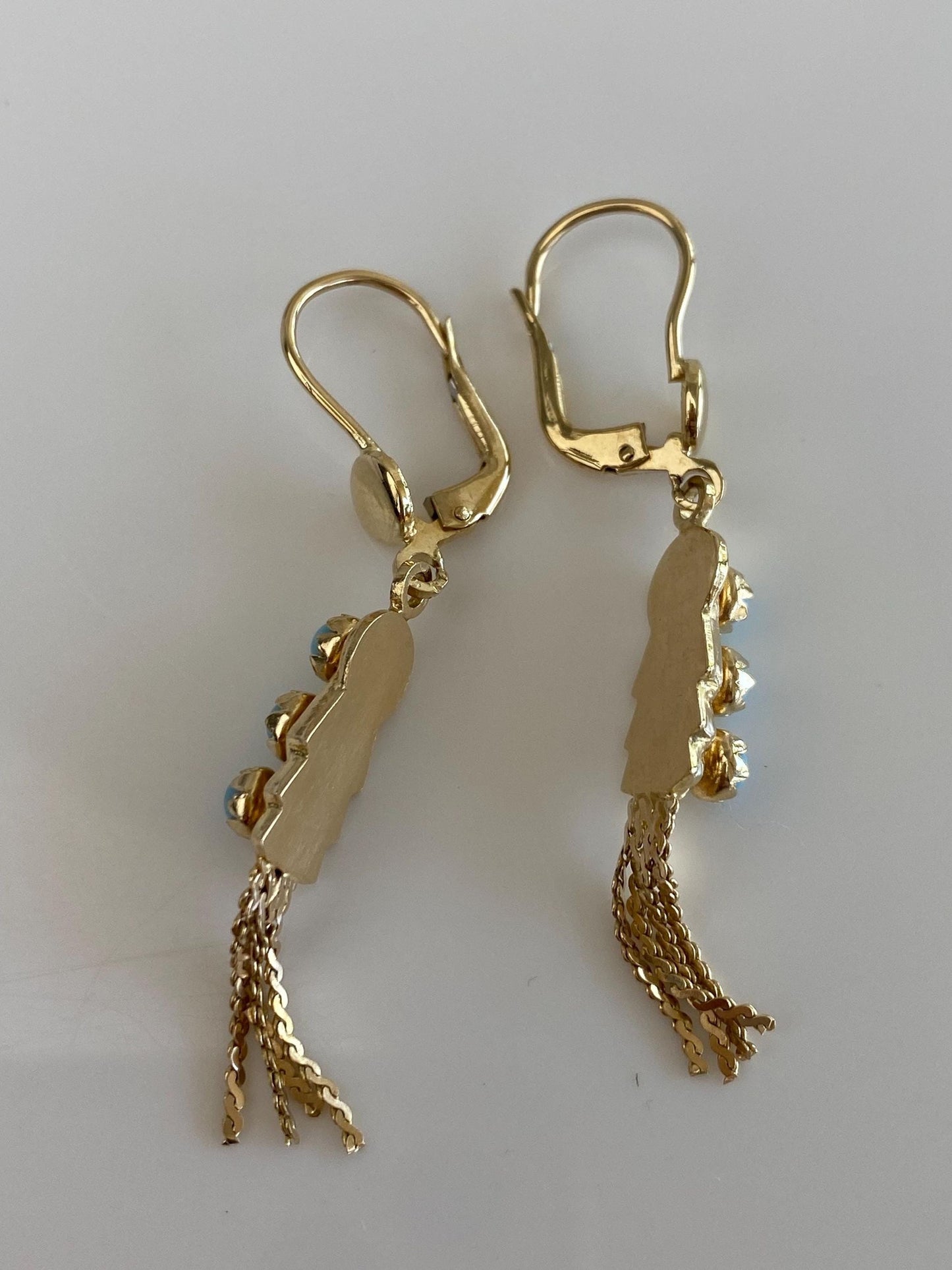 Vintage Solid 14k Yellow Gold Turquoise Row Serpentine Chain Fringe Dangle Earrings