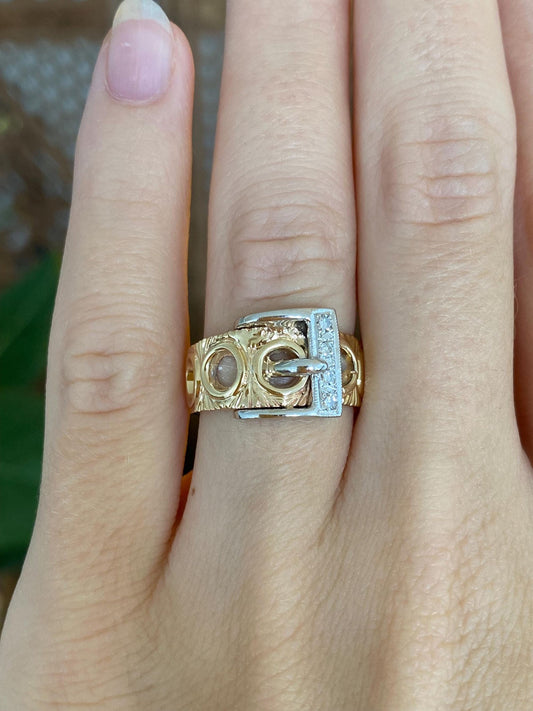 Vintage Solid 14k White & Yellow Gold Diamond Buckle Open Work Designed Ring - Size 6.5