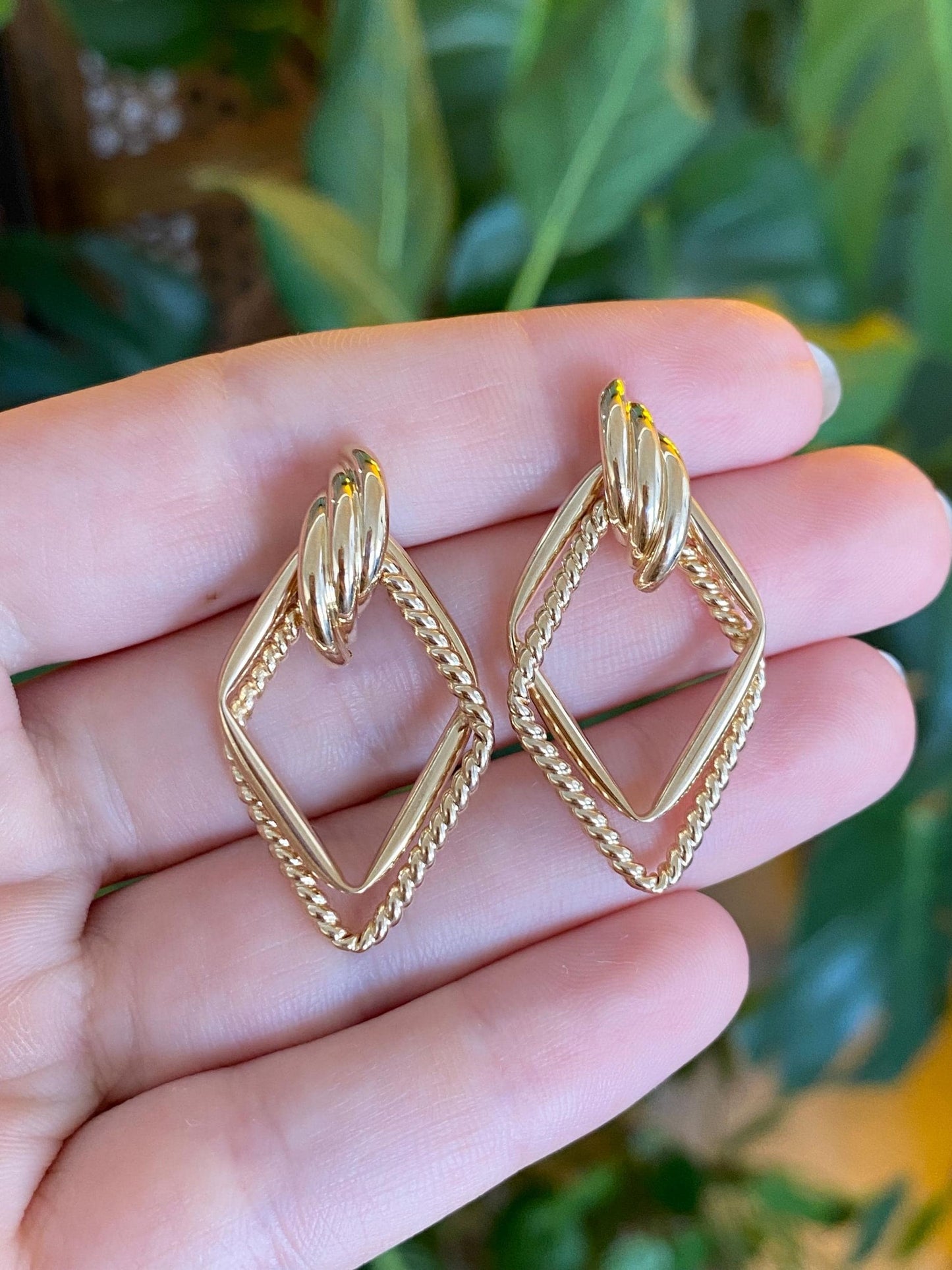 Vintage 14k Yellow Gold Layered Diamond Shape Drop Earrings