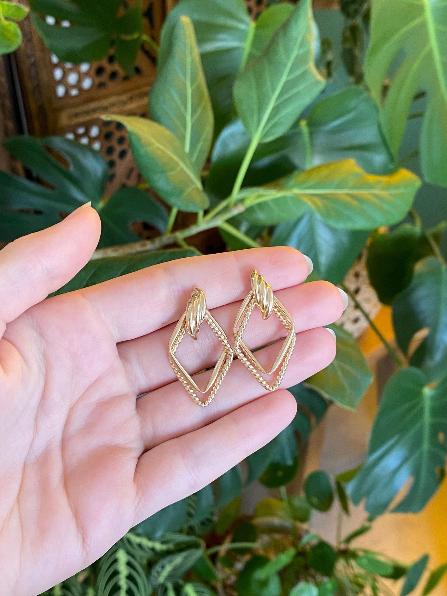 Vintage 14k Yellow Gold Layered Diamond Shape Drop Earrings