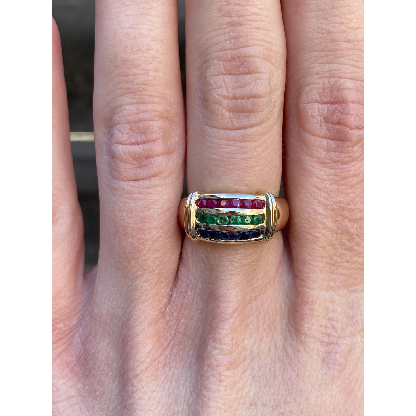 Vintage Solid 14k Yellow Gold Ruby Emerald Sapphire Ring Band - Size 5.75