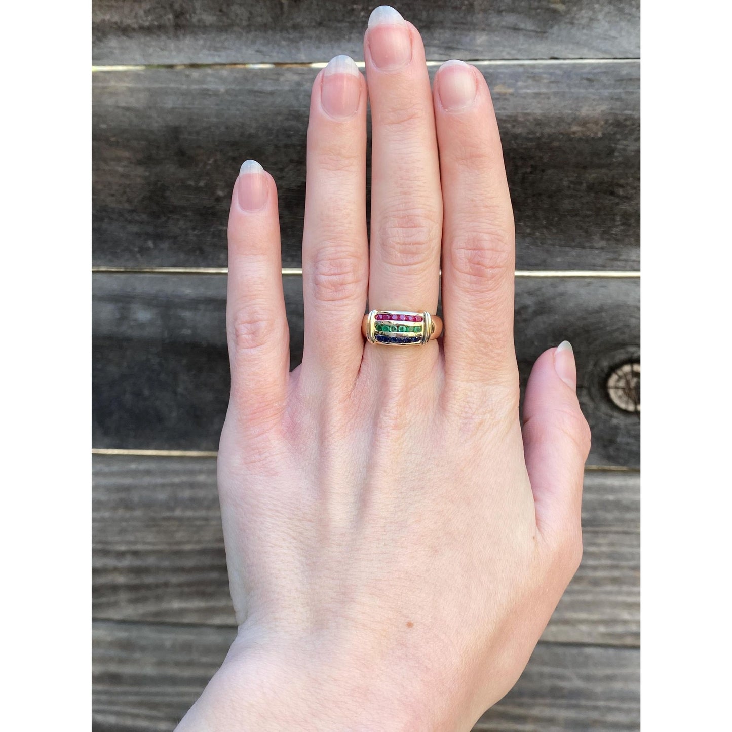 Vintage Solid 14k Yellow Gold Ruby Emerald Sapphire Ring Band - Size 5.75