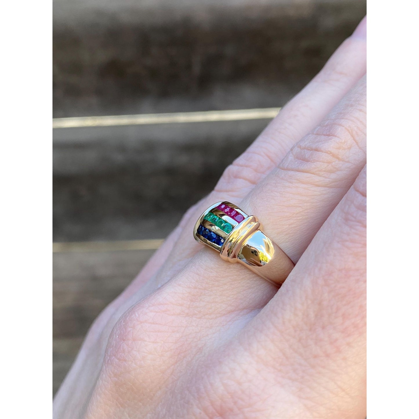 Vintage Solid 14k Yellow Gold Ruby Emerald Sapphire Ring Band - Size 5.75