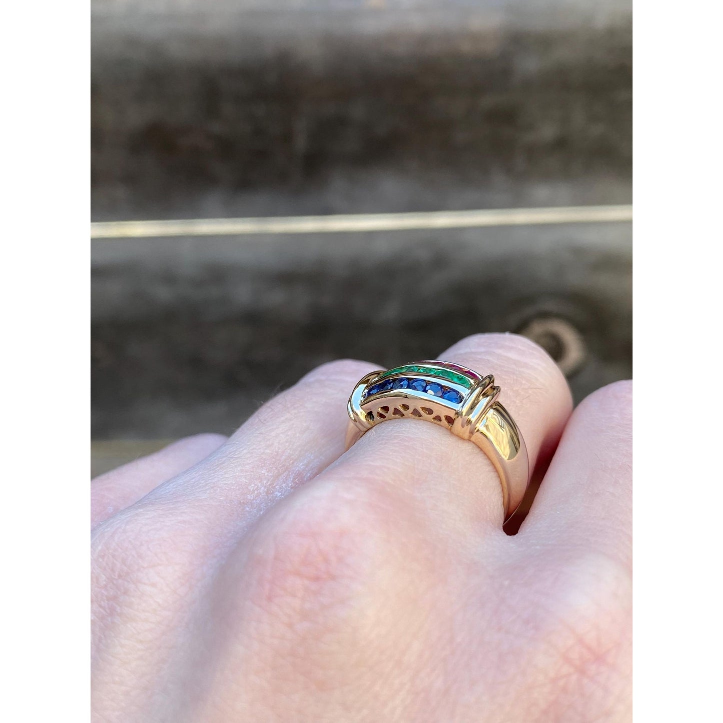 Vintage Solid 14k Yellow Gold Ruby Emerald Sapphire Ring Band - Size 5.75