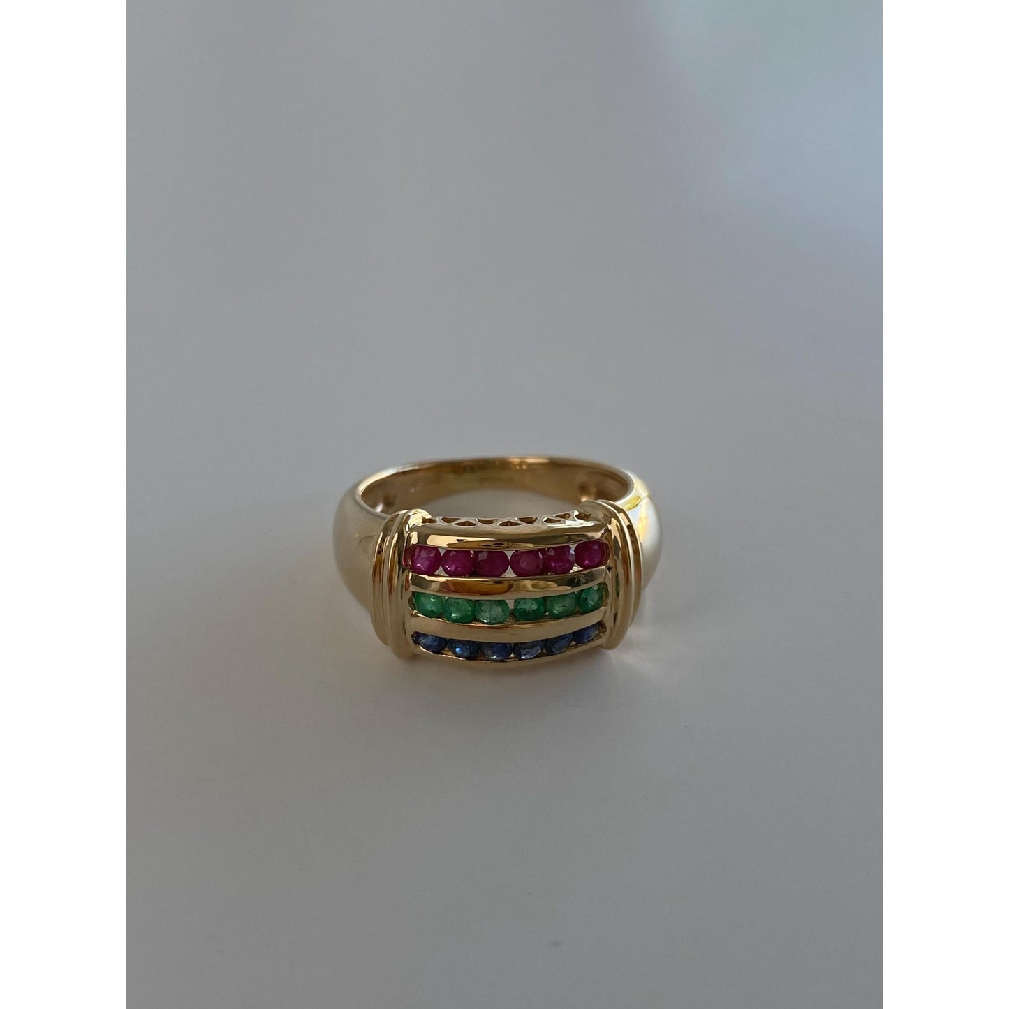 Vintage Solid 14k Yellow Gold Ruby Emerald Sapphire Ring Band - Size 5.75