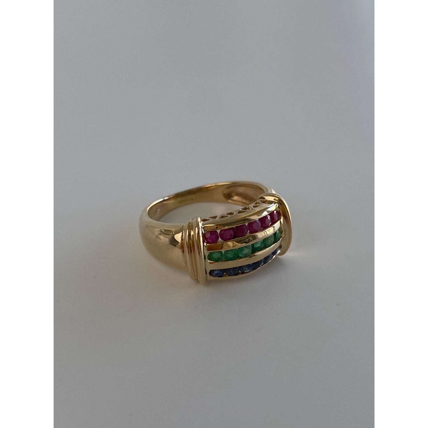 Vintage Solid 14k Yellow Gold Ruby Emerald Sapphire Ring Band - Size 5.75