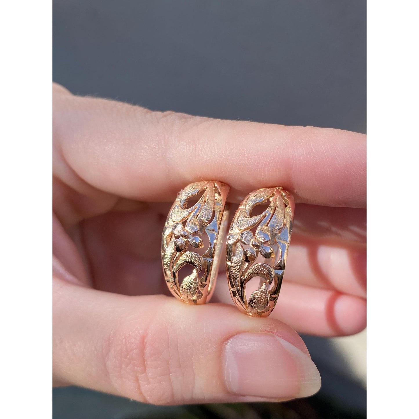 Vintage Solid 14k Rose Gold Floral Half Hoop Earrings