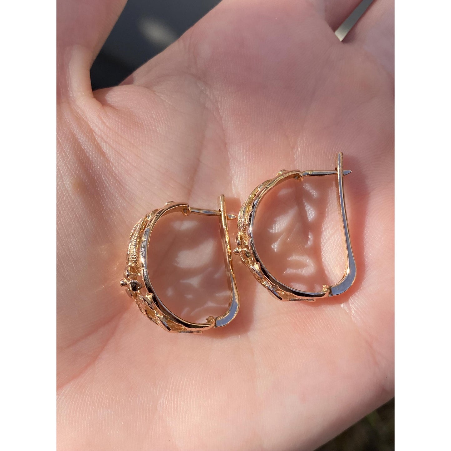 Vintage Solid 14k Rose Gold Floral Half Hoop Earrings