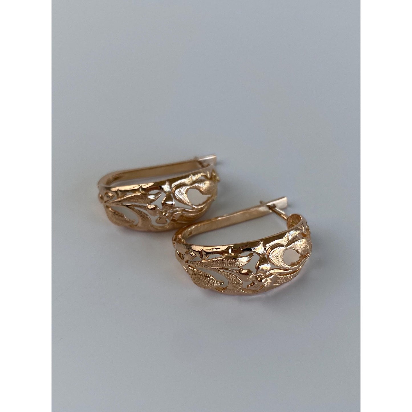 Vintage Solid 14k Rose Gold Floral Half Hoop Earrings