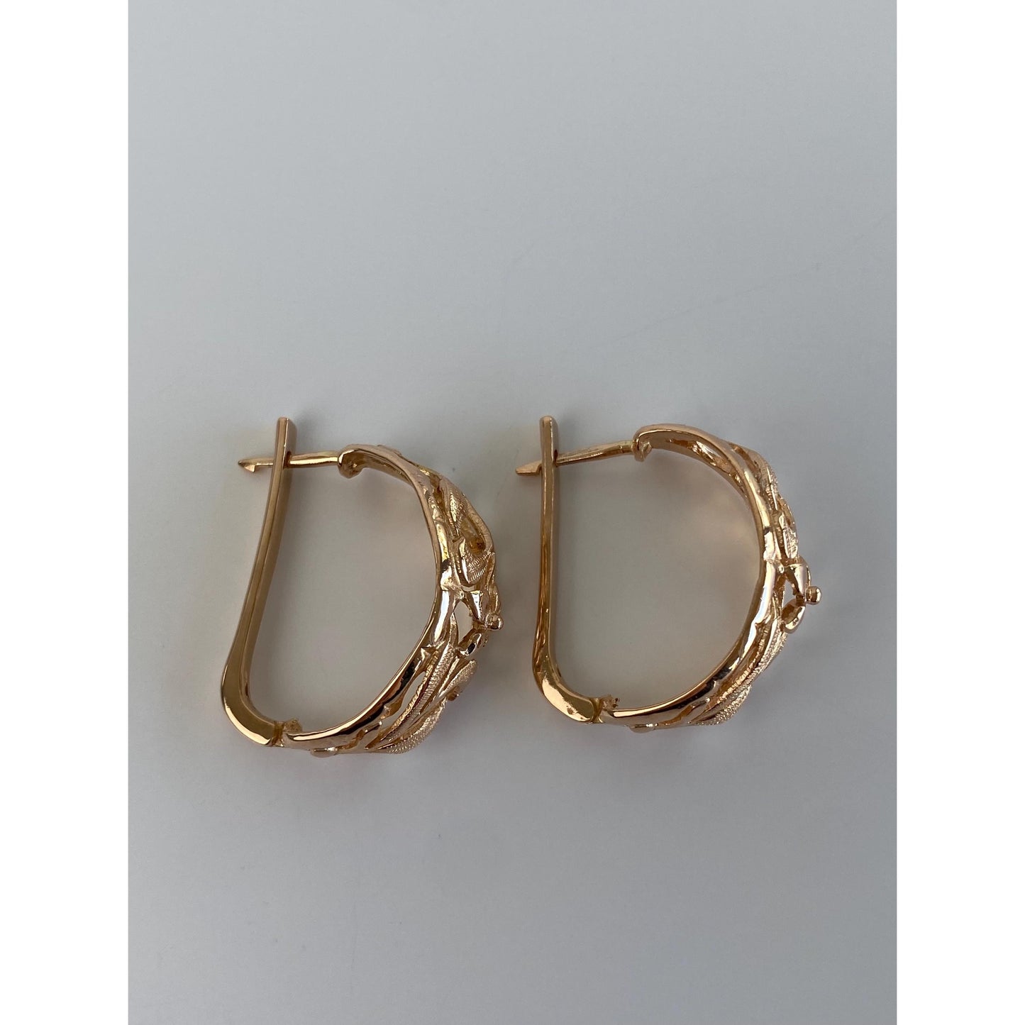 Vintage Solid 14k Rose Gold Floral Half Hoop Earrings